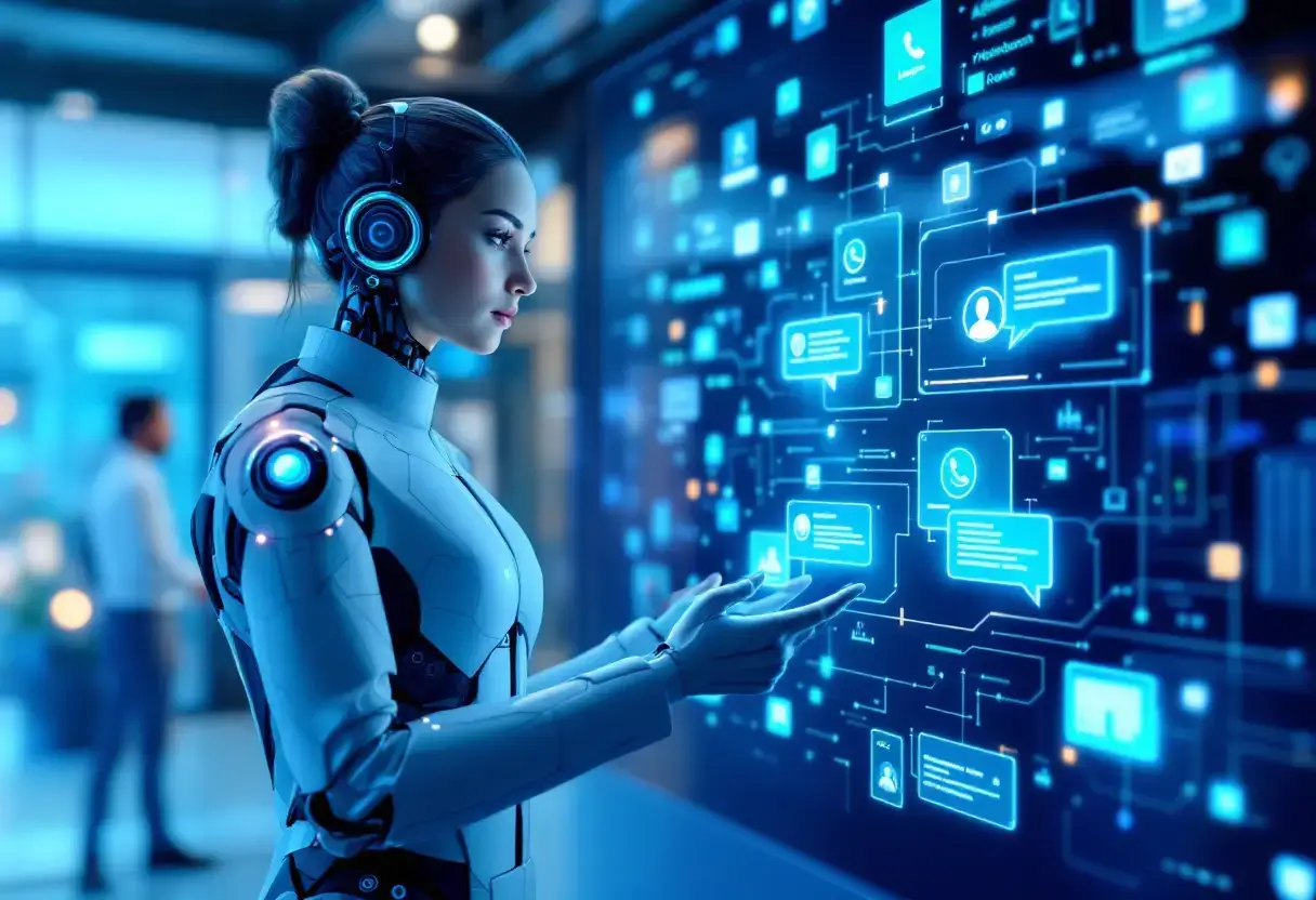 Robô humanoide trabalhando em frente frame de inúmeras conversas